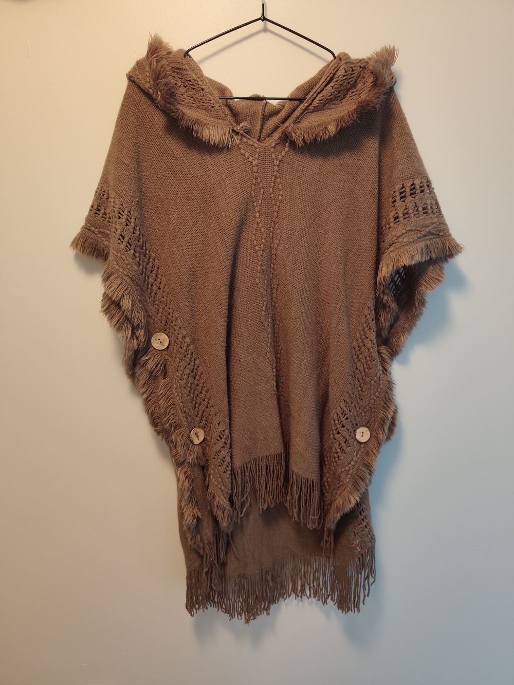 Soft Brown Boho Fringe Hooded Knit Poncho Sweater One Size Hippie/Y2K Style